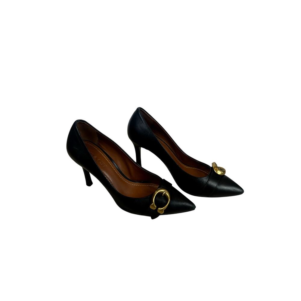 Coach Black Leather Pumps with Gold “C” Buckle – Size 7.5